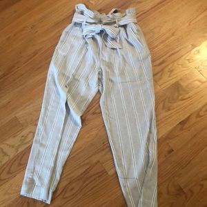 H&M Linen blend taupe striped paper bag pants